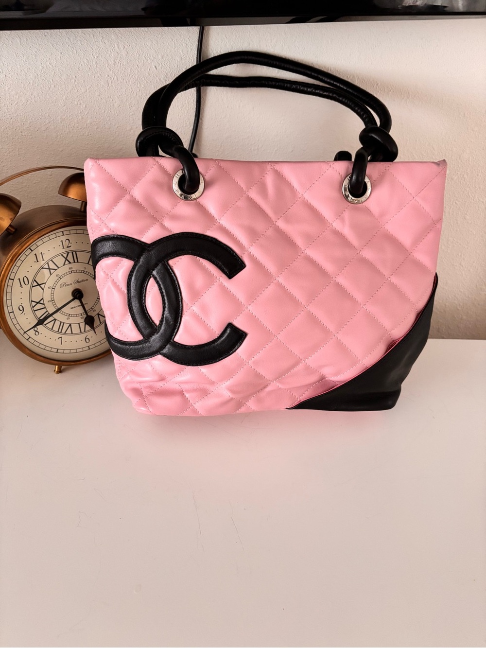 Pink Quilted Tote with Black Accents